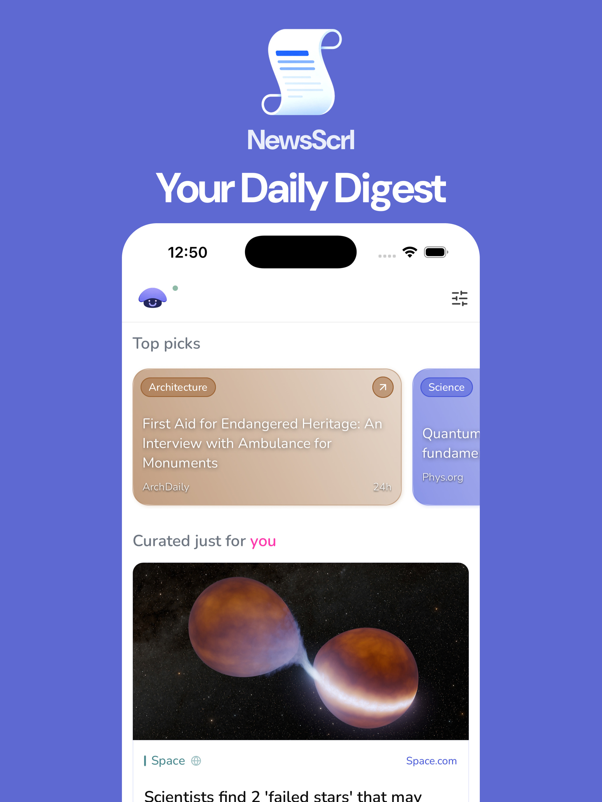 NewsScrl app preview showing the daily news feed